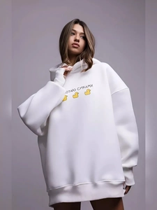 Women Oversized Hoodie Cotton Polyester Blend Fleece Pullover Three Yellow Ducks Russian Letter Print Streetwear Casual
