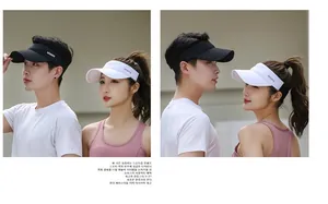 Side view of men and women wearing sports sun visors with embroidered letters