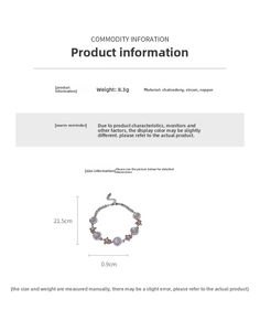 Detailed specs of floral chalcedony bracelet featuring weight 8.3g and length 21.5cm