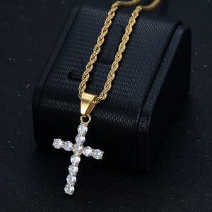 Hip hop gold plated stainless steel cross pendant necklace with 3A zircon stones