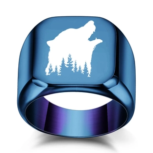 Punk style blue gradient square wolf head forest ring with laser engraved silhouette