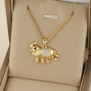 Gold elephant necklace with cubic zirconia pendant on stainless steel box chain