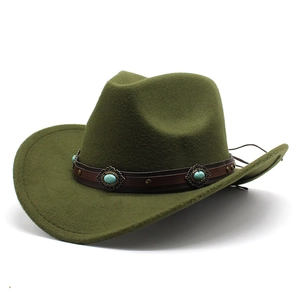 Detail of olive green felt fedora with turquoise gemstone studded leather hat band