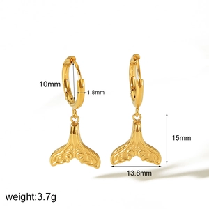 Gold stainless steel whale tail drop earrings with dimensional specifications and weight