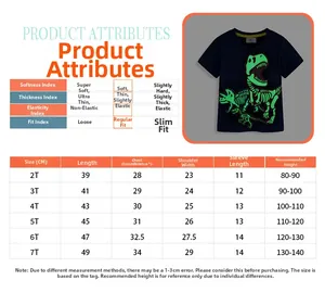 Size chart for boys dinosaur t-shirt showing detailed measurements and fabric properties
