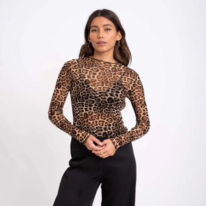 Body da donna sexy con stampa leopardata, maniche lunghe in rete trasparente su modella