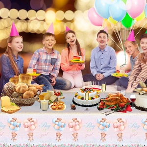 Gender reveal party tablecloth featuring blue and pink teddy bears for baby birthdays