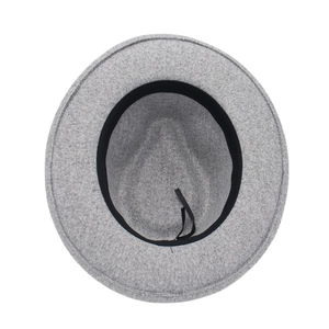 Detailed top view of light grey fedora interior showing sweatband and adjustable drawstring