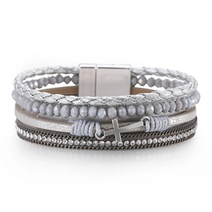Gray multilayer bohemian wrap bracelet with cross charm and magnetic clasp