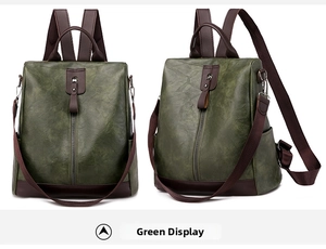 Green PU leather backpack featuring vertical zip pocket and adjustable brown straps