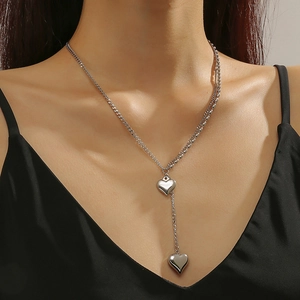 Stainless Steel Double Layer Heart Pendant Necklace Y Shaped Drop Clavicle Chain For Women Chic Jewelry Silver Color
