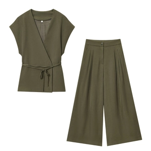 Women's V-neck sleeveless tie top and wide-leg trousers two-piece set in army green