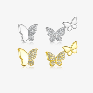 925 Sterling Silver Butterfly Stud Earrings For Women Pave Rhinestone Asymmetric Insect Earrings Fashion Jewelry Accessories
