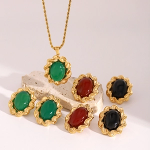 Vintage 18K gold plated stainless steel jewelry set with oval stones and spiral twist edges