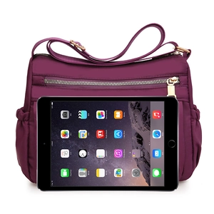Deep purple waterproof nylon crossbody bag with large capacity for iPad and multi-pockets