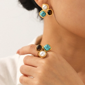 Vintage Jewelry Ring And Earrings For Women Stainless Steel Gold Plated Turquoise Tiger Eye Faux Artificial Pearl Geometric Adjustable