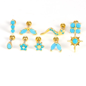 Set de 9 boucles d'oreilles cartilage bohème dorées avec pierres turquoise et billes