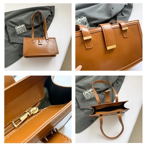 Detailed views of brown retro square bag showing gold hardware and inner compartment