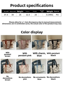 Detailed size chart and multi-color options for the graffiti print PU leather tote bag