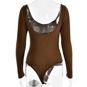 Detailed back view of brown ribbed long sleeve bodysuit with sexy U-shaped backless design