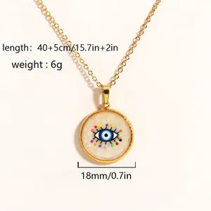 Detail of evil eye pendant necklace showing dimensions 18mm diameter and 40+5cm chain