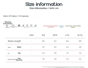 Tableau des tailles détaillé pour leggings de yoga taille haute avec mesures précises