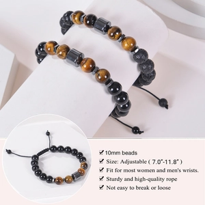 Adjustable 10mm tiger eye and hematite stone bead bracelet for men and women