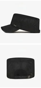 Detail view of winter quilted flat top hat featuring metal logo plate and adjustable strap