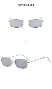 Front and side view of silver metal rectangular sunglasses with grey lenses on white background