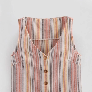 Vertical striped V-neck vest with brown wooden buttons in orange and yellow tones