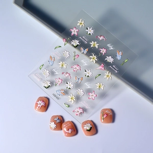 5D embossed lily flower and butterfly nail art stickers with 3D texture FEB-622