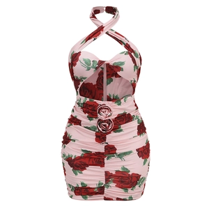 Detailed view of halter neckline with central cut-out and 3D rose floral accents