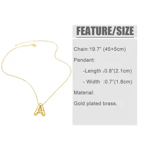 Size chart showing gold plated letter A pendant necklace with dimensions and chain length
