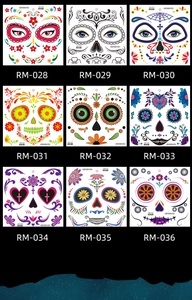 Detailed 9-piece set of Day of the Dead face tattoos with skull and floral patterns