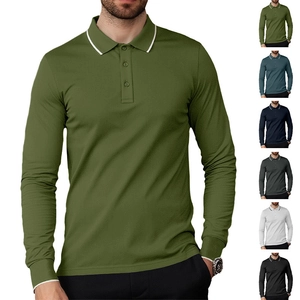 Close-up of piqué fabric texture and contrast collar detail on long sleeve polo shirt