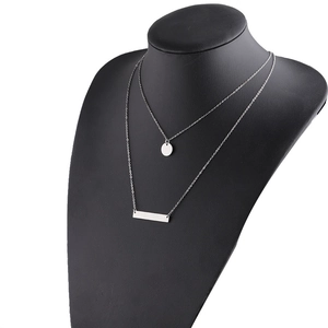 Double layered silver necklace featuring a minimalist bar and round disc on a black bust