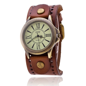 Punk vintage brown leather wrist watch with bronze case and Roman numerals