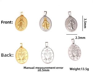 Detailed front and back view of 18K gold stainless steel Virgin Mary oval pendants