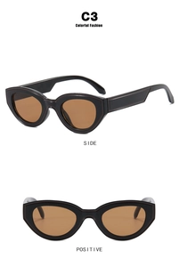 Détails de lunettes œil de chat avec monture noire et verres ambrés, vues de face et côté