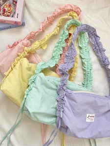 Chic pleated canvas shoulder bags in macaron colors with ruffle straps for women