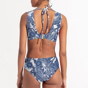 Detail of blue dragonfly print bikini set back view with lace-up straps and metal buckle