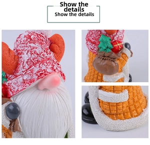 Macro shot of resin Christmas gnome with textured red hat and holiday gift bag