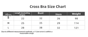 Size chart for seamless criss-cross yoga bra showing length and chest measurements