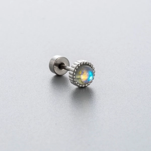 Surgical steel screw back stud earring with iridescent rainbow moonstone and bead border