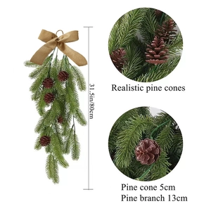 Christmas teardrop swag with flocked pine needles red berries and bow 80cm wall decor