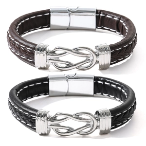 Men's leather braided bracelet set in black and brown with magnetic alloy clasp