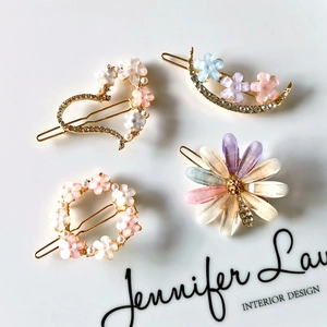 Korean Style Rhinestone Flower Hair Clips Alloy Faux Artificial Pearl Moon Heart Side Grips Sweet Elegant Headwear Women Girls