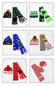 Collage of LED Christmas knit hats and scarves with reindeer and dinosaur patterns