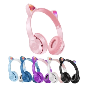 Pink LED cat ear headphones with side buttons and five additional color options shown below