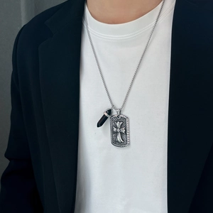 Men silver chain necklace with cross plaque and black hexagonal stone pendant